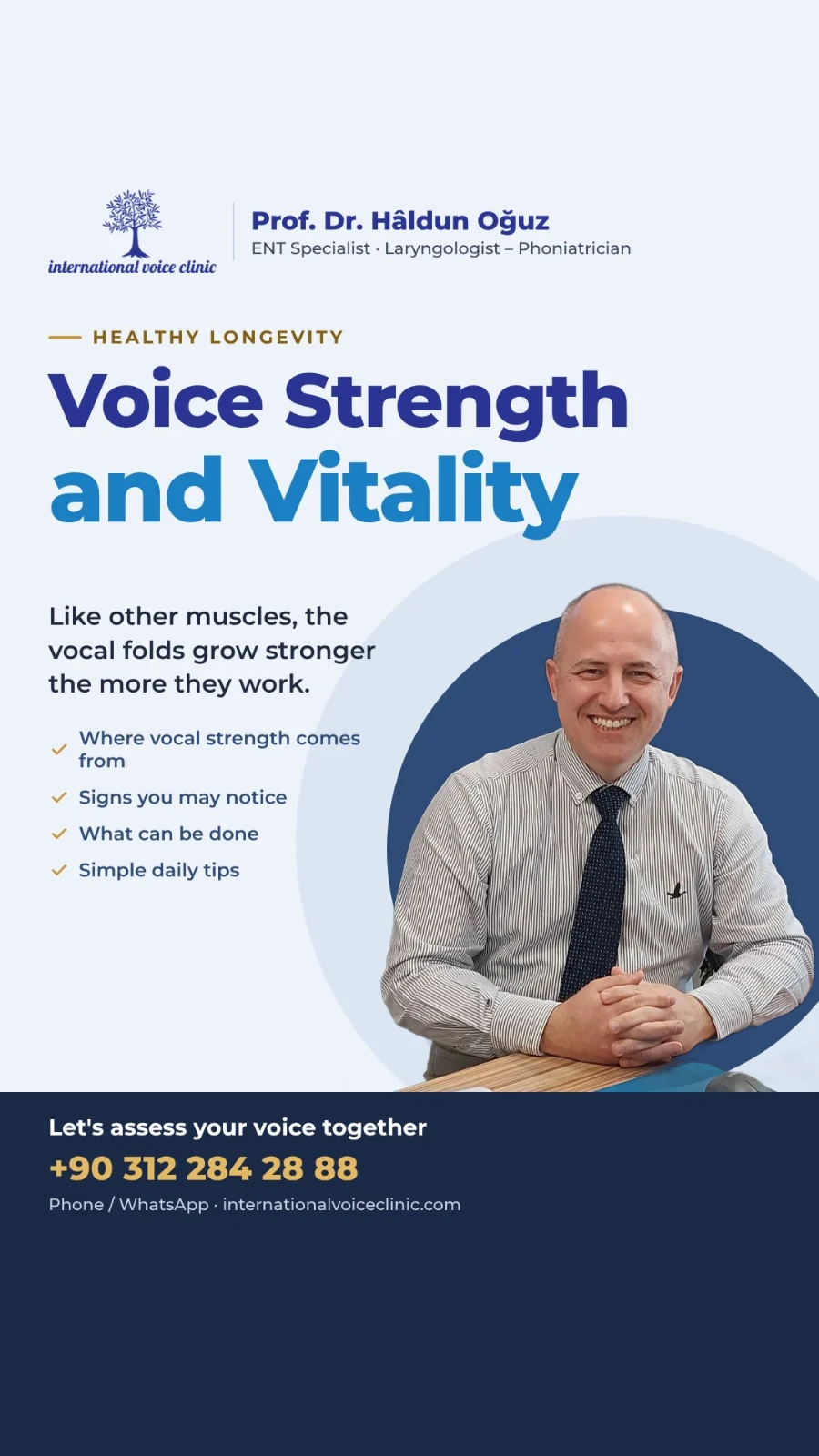 Card titled "Voice Strength and Vitality" with a portrait of Prof. Dr. Haldun Oğuz and the lines: where vocal strength comes from, signs you may notice, what can be done, simple daily tips.